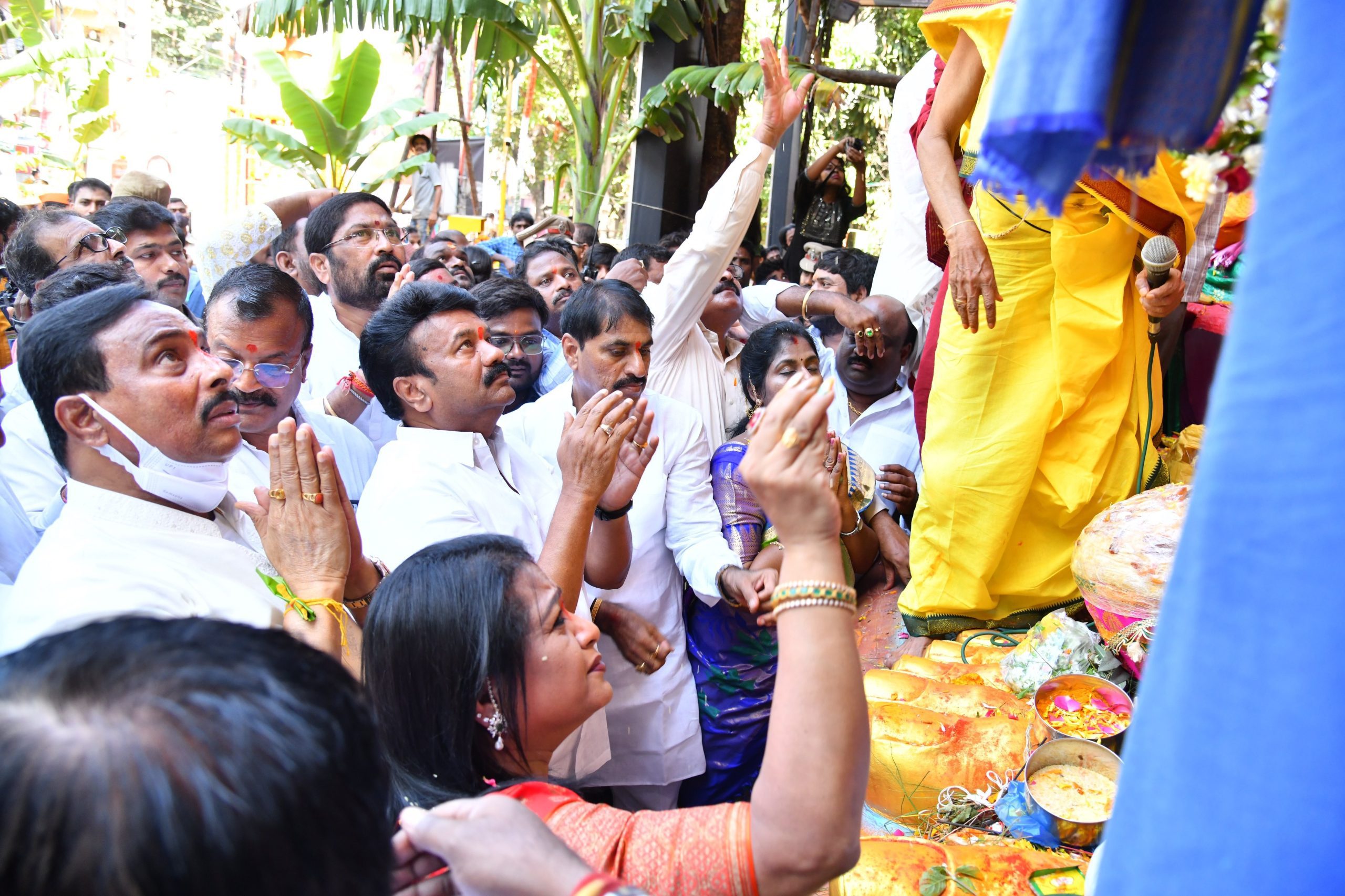 Minister of Animal Husbandary Talasani Srinivas Yadav, Khairatabad MLA Danam Nagender, GHMC Mayor VijayLaxmi Gadwal offering prayers to Lord Ganesha at Khairatabad in Hyderabad.