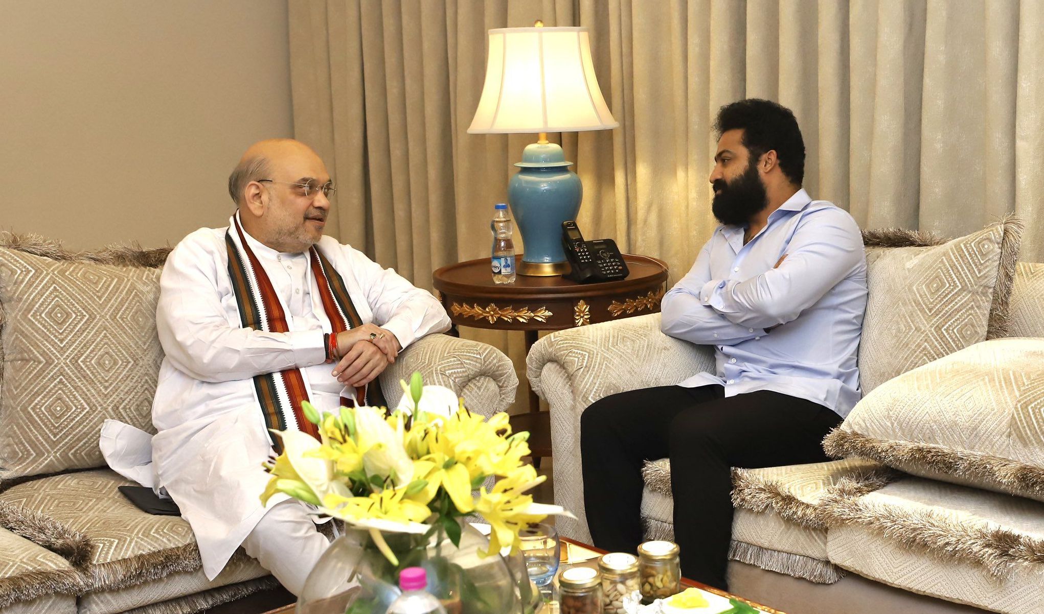 Union Home Minister Amit Shah meets actor Jr NTR in August 2022. (Supplied)