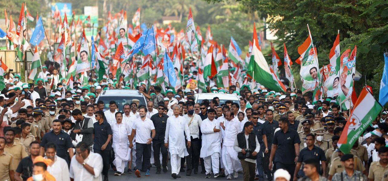 Rajasthan Chief Minister and likely contender for AICC President Poll Ashok Gehlot at Bharat Jodo Yatra with Rahul Gandhi at Ernakulam on Thursday. (Supplied)
