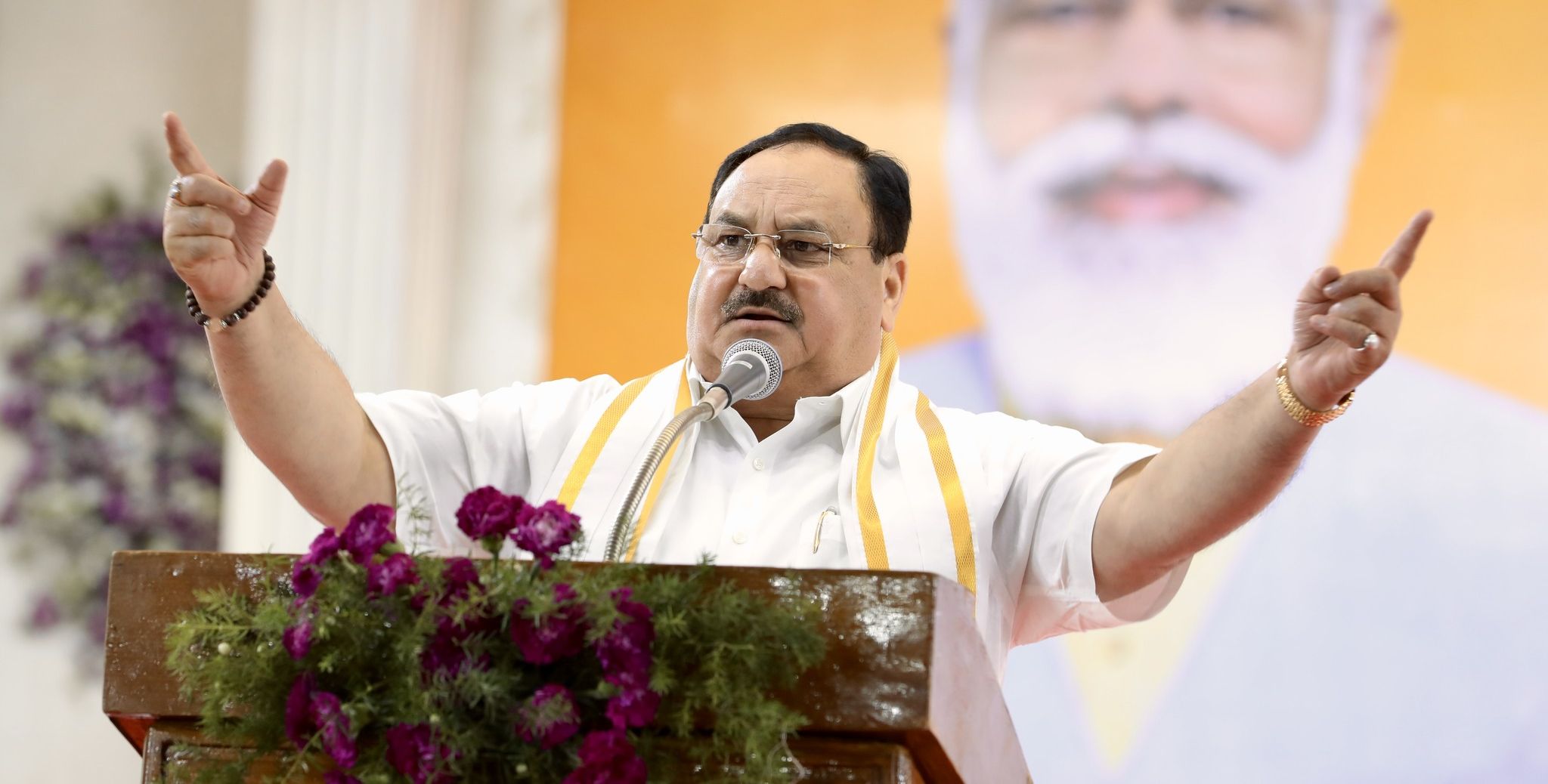 JP Nadda BJP president JP Nadda addresses party cadres during inauguration of new party offices in both Telugu states. (Twitter)