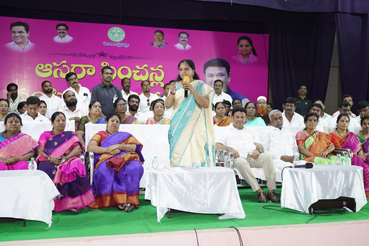 K Kavitha, Telangana MLC and the daughter of Chief Minister KCR, meets Aasara pension beneficiaries in Nizamabad