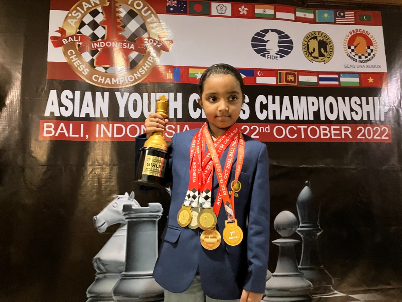 Charvi Anilkumar with Asian Youth Chess Championship trophy Charvi Anilkumar with the Asian Youth Chess Championship trophy.