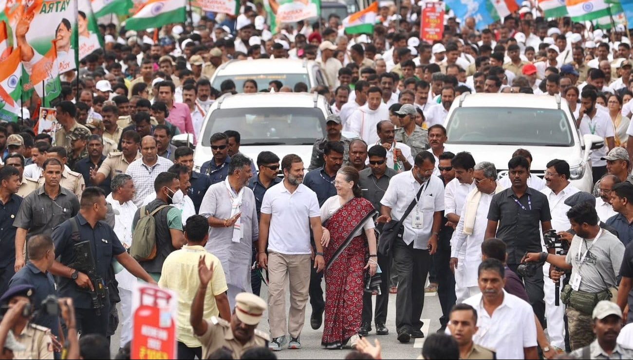 AICC Interim President Sonia Gandhi shares a smile with Rahul Gandhi at Bharat Jodo Yatra on Thursday in Mandya. (Supplied) AICC Interim President Sonia Gandhi shares a smile with Rahul Gandhi at Bharat Jodo Yatra on Thursday in Mandya. (Supplied)