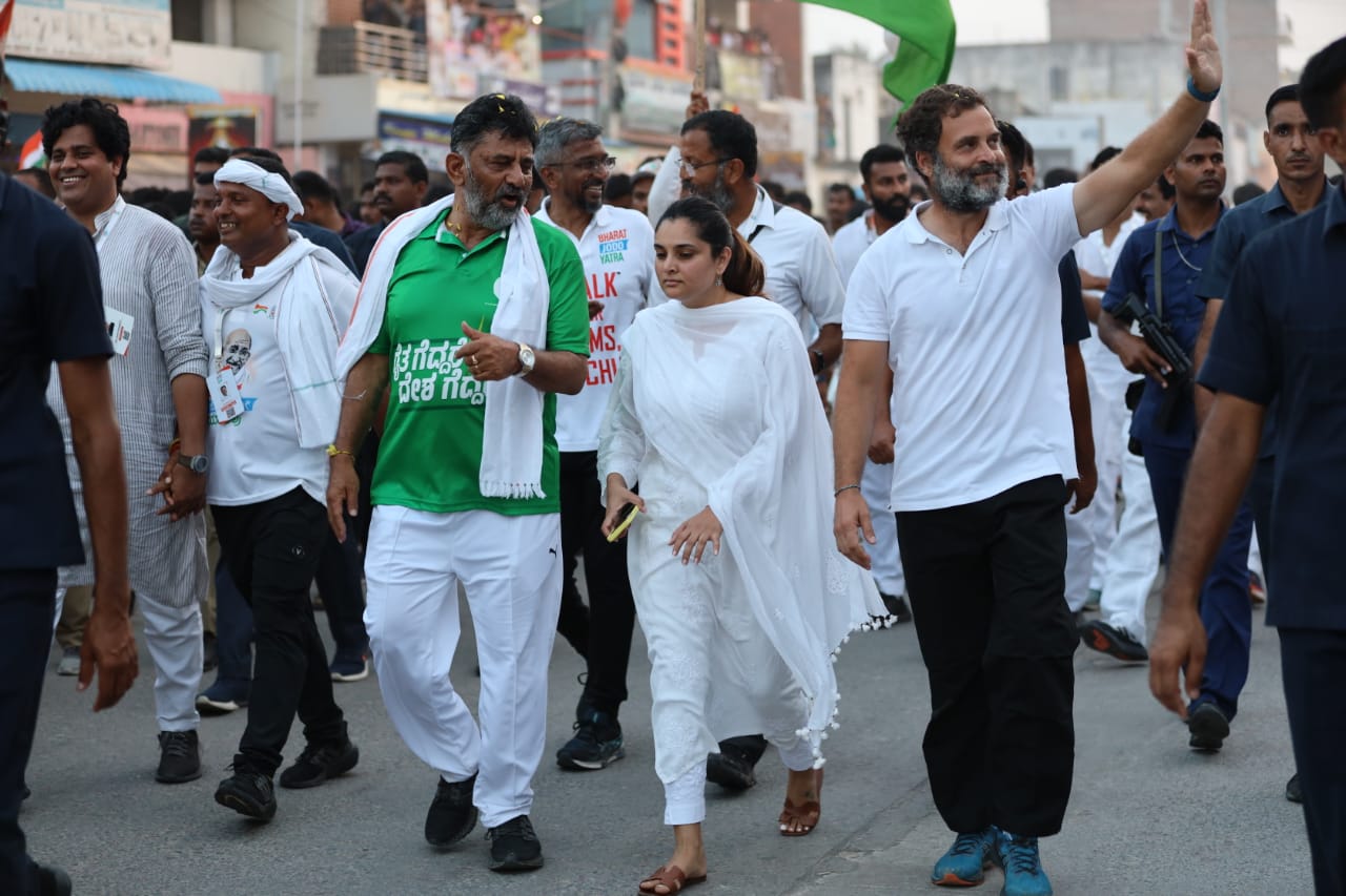 Actor and former Congress MP Divya Spandana walking alongside Rahul Gandhi at Bharat Jodo Yatra with DK Shivakumar on Saturday. (Supplied) Bharat Jodo Yatra completes Karnataka stretch. (Supplied)
