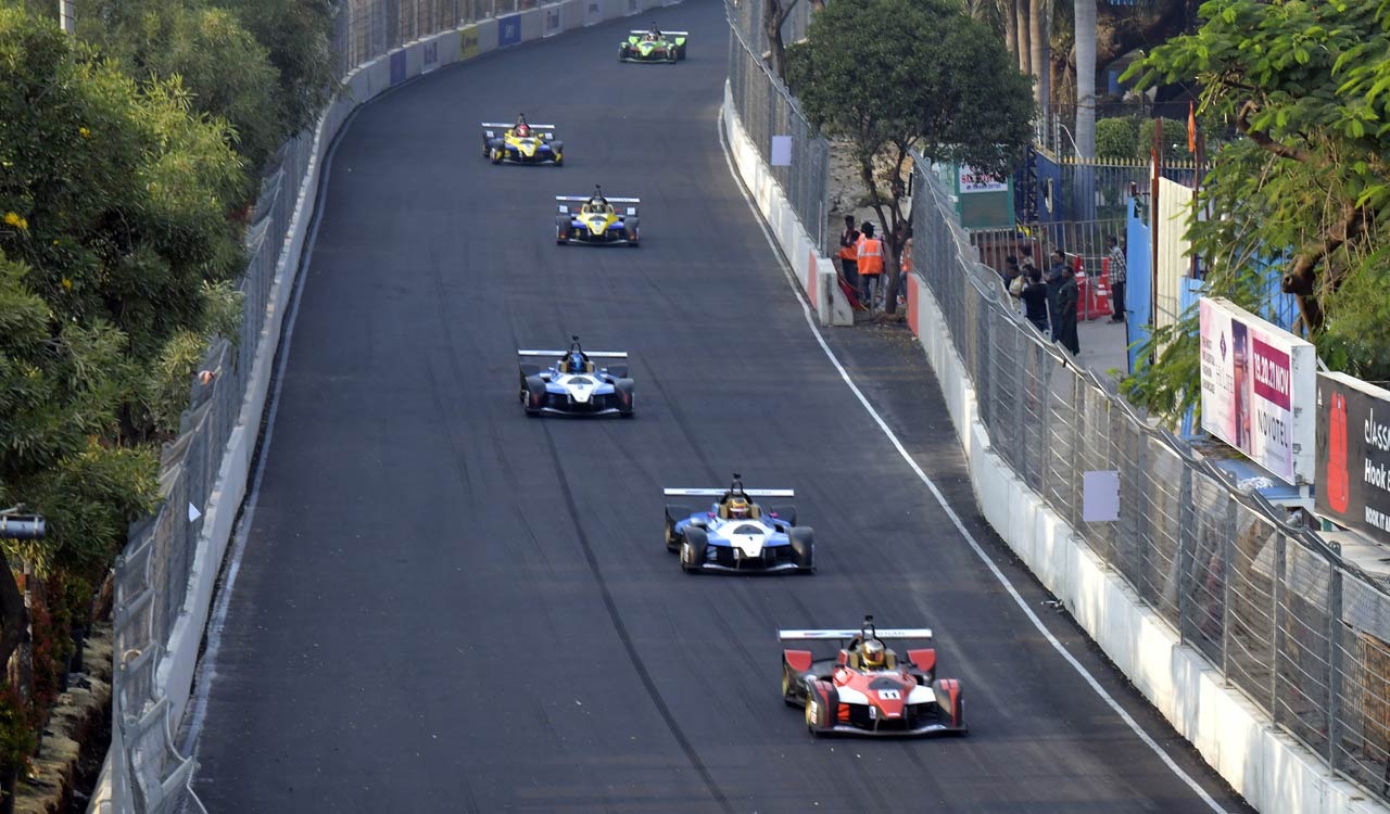 Indian Racing League Hyderabad Formula E Grand Prix A race underway at the two-day Formula E event known as Indian Racing League In Hyderabad.