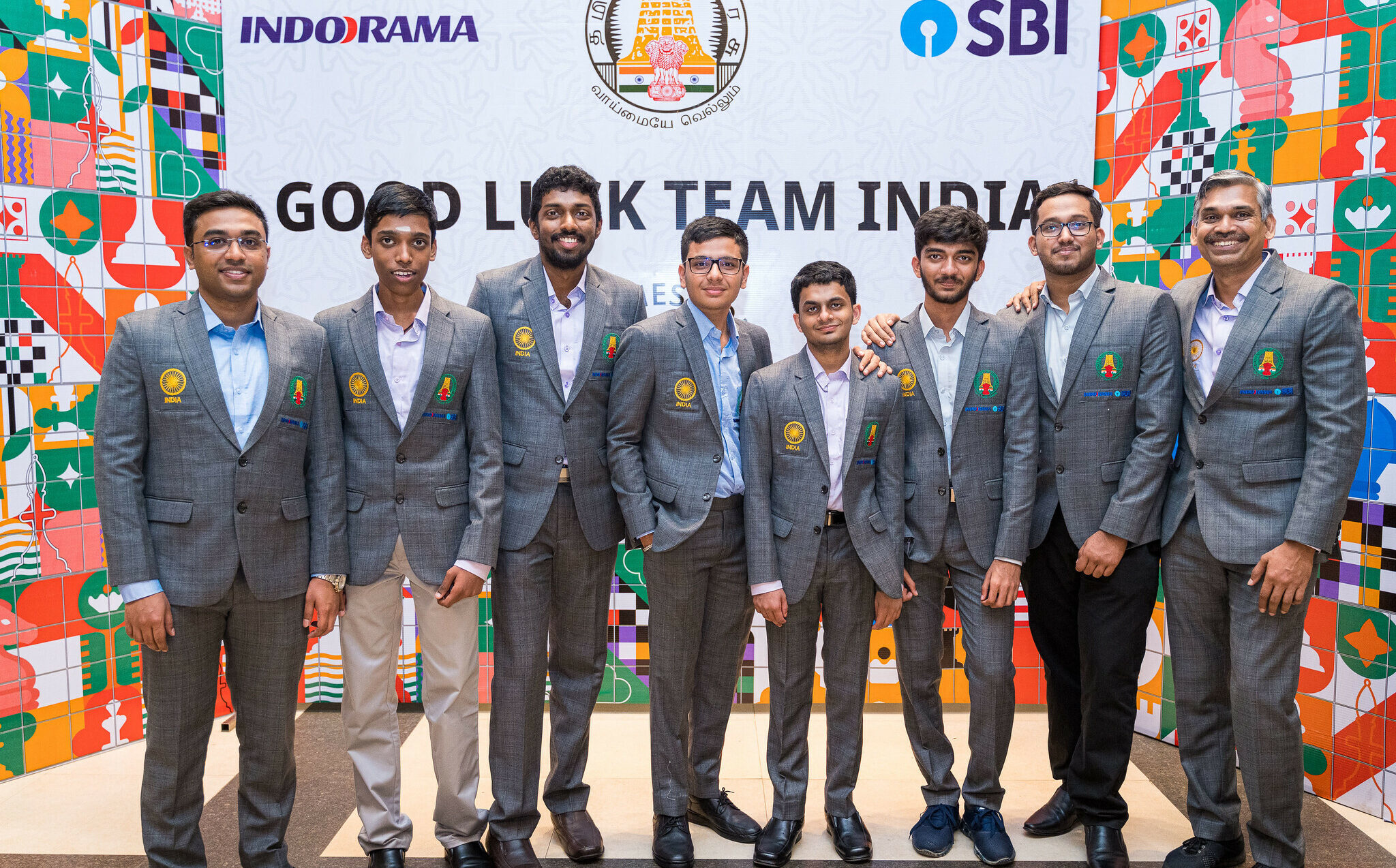 Indian chess team during the Chess Olympiad 2022 in Chennai – Indian team during the Chess Olympiad 2022 in Chennai (from left to right) — GA Stany, Pragg, B Adhiban, Raunak Sadhwani, Nihal Sarin, D Gukesh, Arjun Kalyan, and coach RB Ramesh. (Rb Ramesh/Twitter)