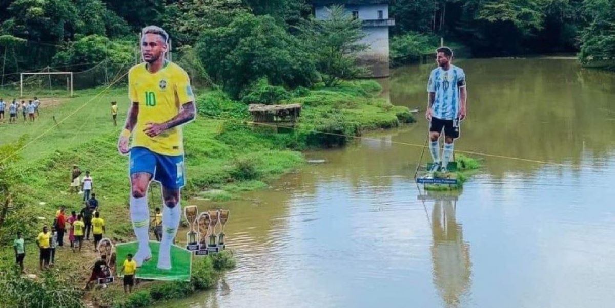 Neymar Cut outs of Neymar Jr and Lionel Messi erected by the fans of Argentina and Brazil in a village in Kozhikode.