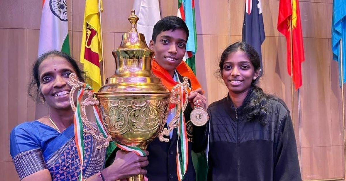 Pragg after winning the Asian Individual Championship 2022 with his mother Nagalakshmi and sister Vaishali, a woman grandmaster Pragg after winning the Asian Individual Championship 2022 with his mother Nagalakshmi and sister Vaishali, a woman grandmaster