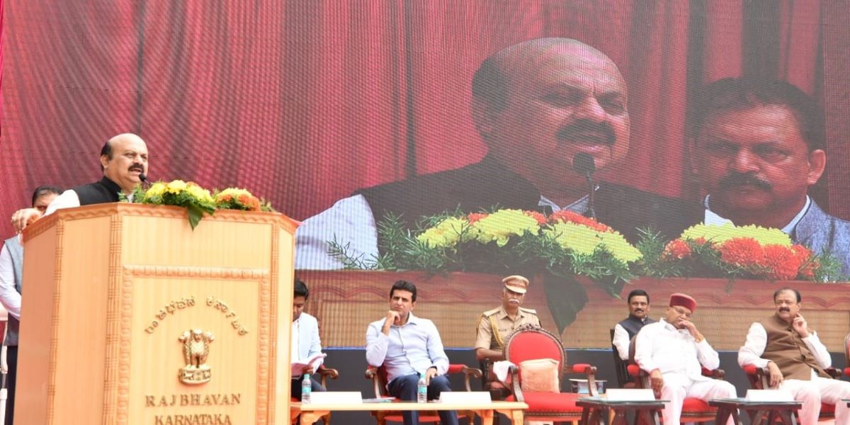 Karnataka Chief Minister Bommai speaking at Eklavya Sports Award and other sports awards ceremony. (BSBommai/Twitter)