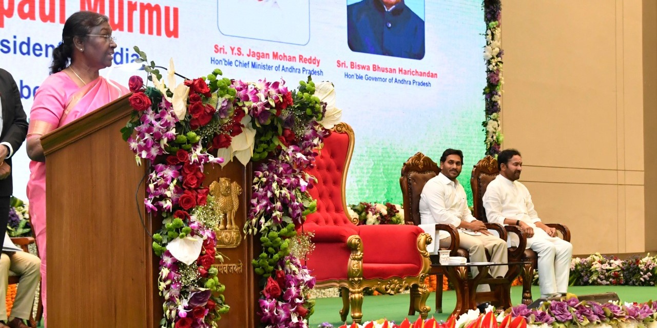 President Droupadi Murmu was in Andhra Pradesh for the Navy Day celebrations and inaugurated four tribal schools in the state. Andhra Chief Minister YS Jagan Mohan Reddy and Union Minister G Kishan Reddy can be seen