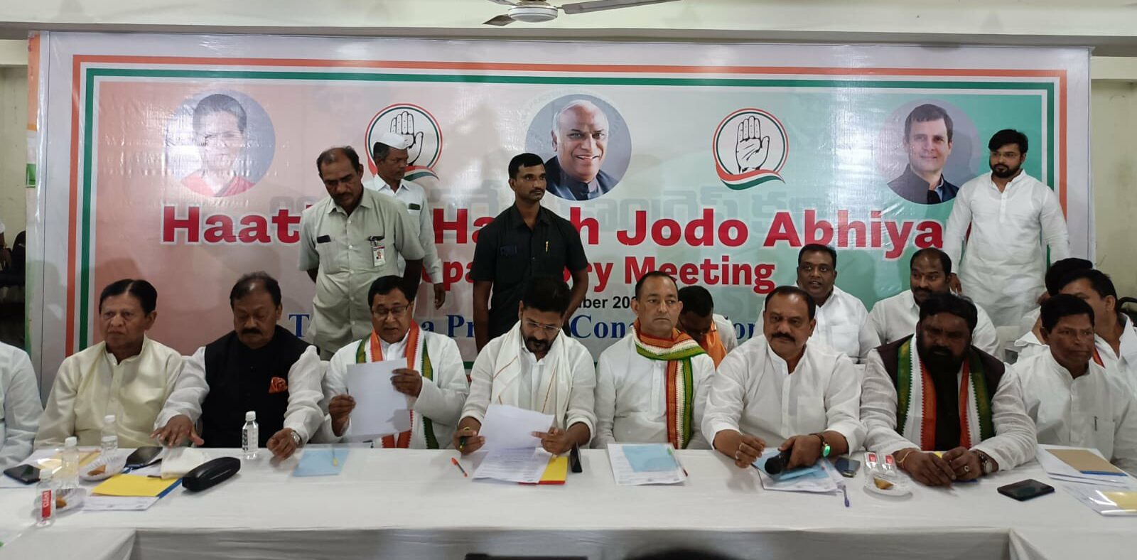 Telangana Congress chief Revanth Reddy meeting with members of the newly-appointed committees, which sparked a rebellion in the party. Digvijaya Singh trouble-shotter