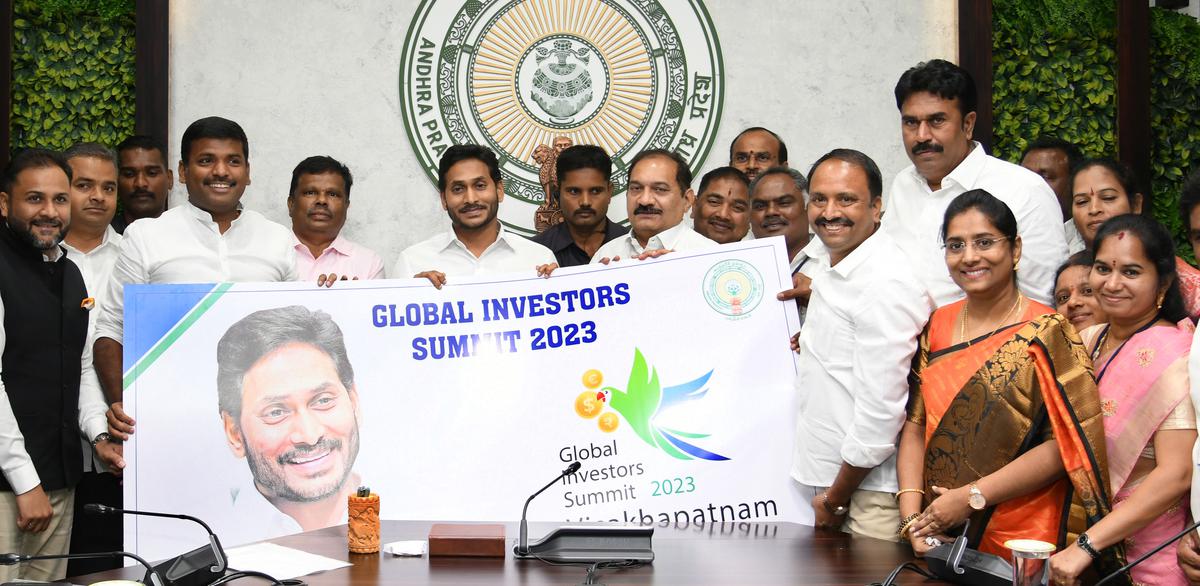 Andhra Pradesh Chief Minister YS Jagan Mohan Reddy unveiling the Global Investors Summit logo.