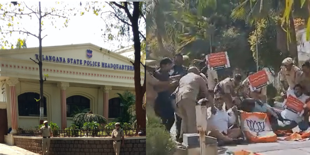BJYM workers storm Telangana police headquarters, also the DGP Anjani Kumar office BJYM workers storm Telangana police headquarters, also the DGP Anjani Kumar office