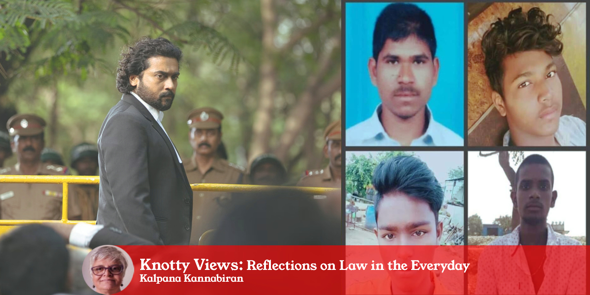 (Left) Screengrab from ‘Jai Bhim’; (R) the four suspects in the Disha rape-and-murder case, who were shot dead by the police in an encounter (L) Screengrab from 'Jai Bhim'; (R) the four suspects in the Disha rape-and-murder case, who were shot dead by the police in an encounter