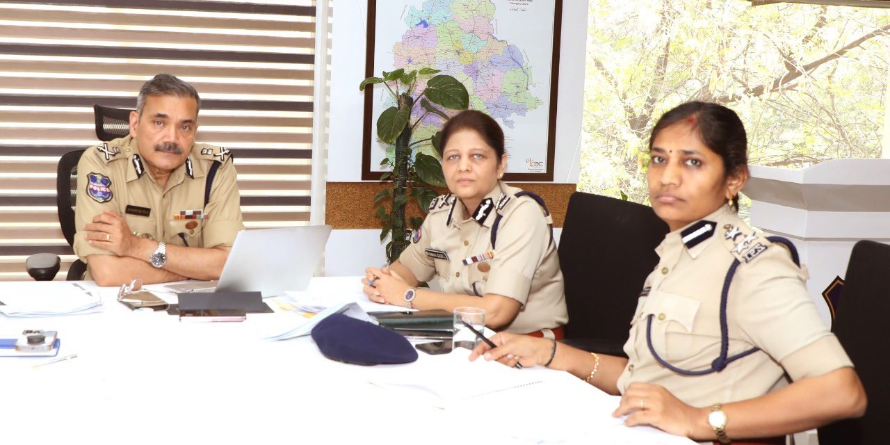 Meeting held by Anjani Kumar, Telangana DGP with Shikha Goel and WSW DIG Sumathi. (Twitter) Telangana women safety