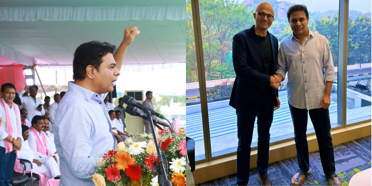 KTR addressed a public gathering in Huzurnagar and met with Microsoft CEO Satya Nadella too KTR addressed a public gathering in Huzurnagar and met with Microsoft CEO Satya Nadella too. (KTR/Twitter)