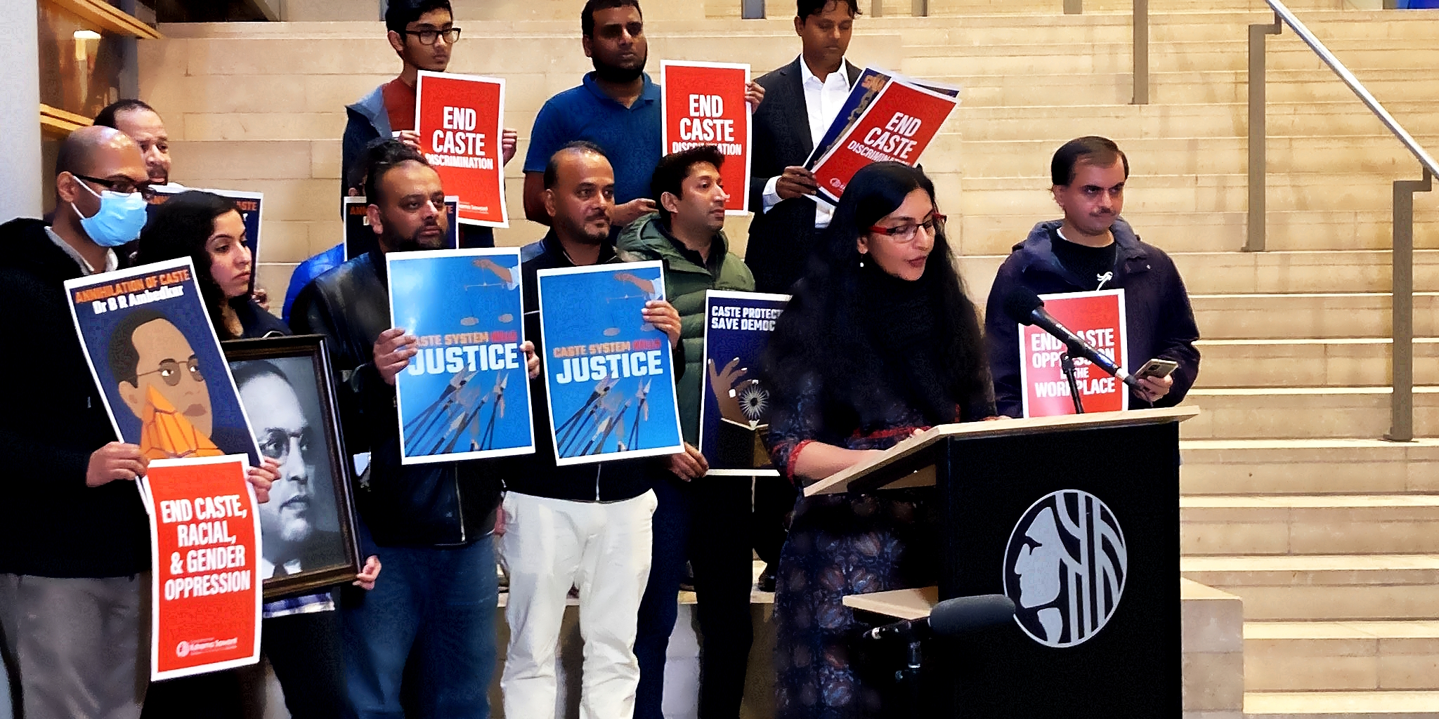 Seattle City Council Member Kshama Sawant talks to reporters after the council passed the anti-caste-discrimination ordinance. (Supplied)