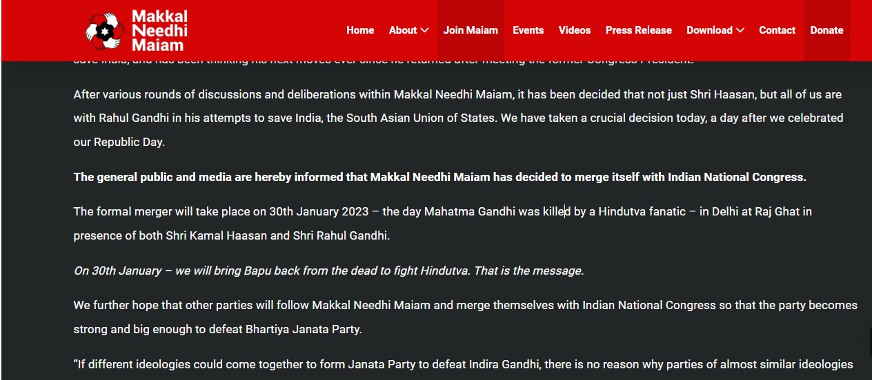 MNM Kamal Haasan’s party MNM says ‘website hacked’ after post announcing merger with Congress appears