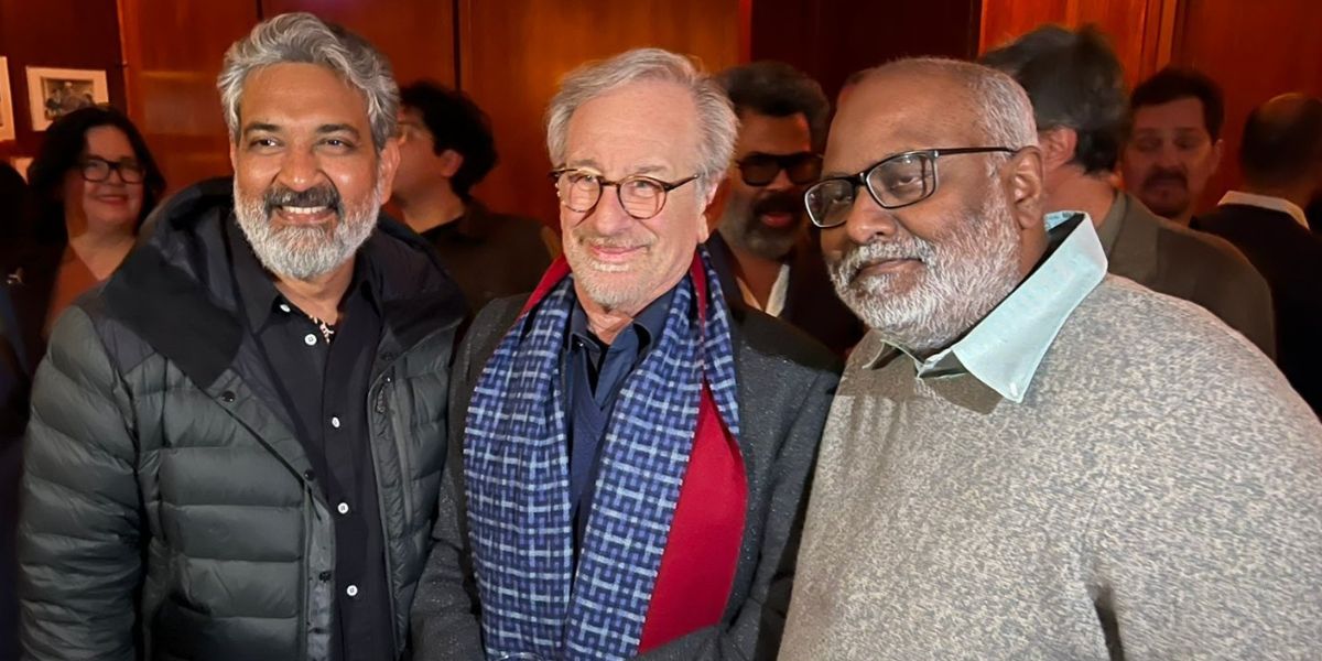 Rajamouli and Keeravani with Spielberg. (Twitter) Rajamouli Hollywood film