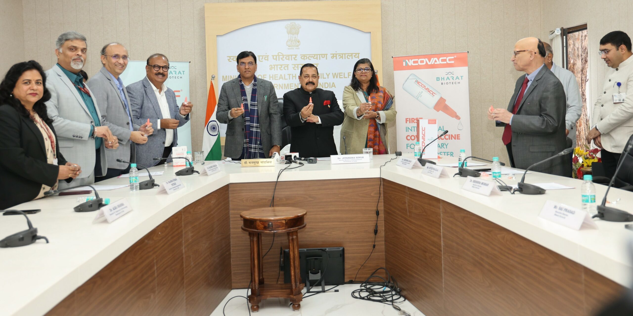 The launch function of iNCOVACC vaccine. (mansukhmandviya/Twitter) intranasal covid vaccine Hyderbad-based Bharat Biotech