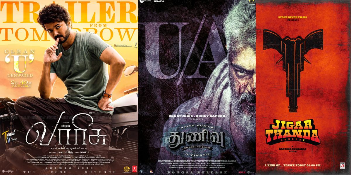 Posters of Varisu, Thunivu and Jigarthanda Double X. (Twitter) Vishnu Govindan Jigarthanda Double X