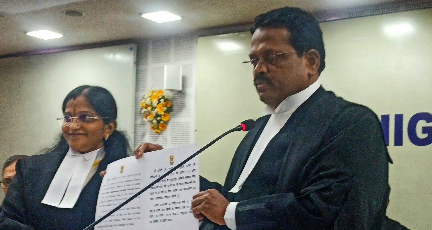 Lekshmana Chandra Victoria Gowri after being sworn in as an additional judge of the Madras High Court by Acting Chief Justice T Raja on Tuesday, 7 February, 2023. (Supplied)