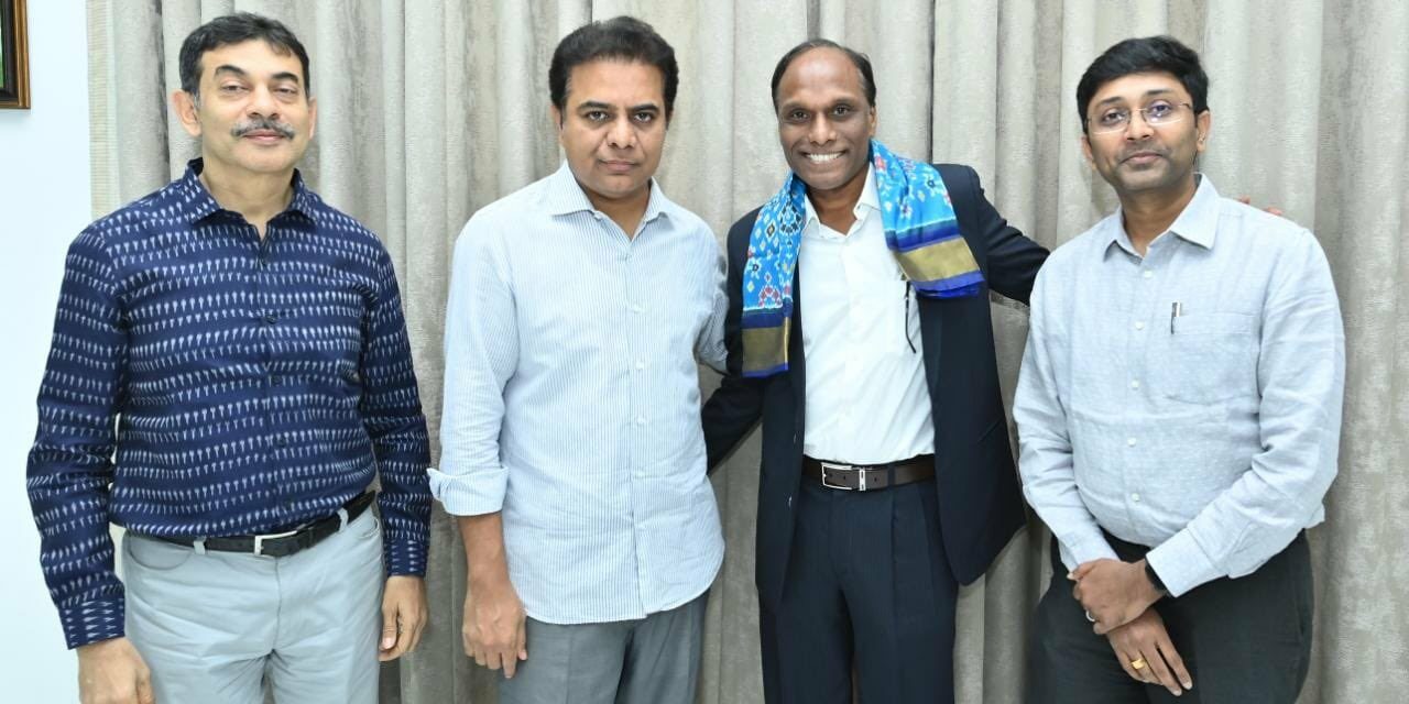 (From left) Jayesh Ranjan Principal Secretary, Industries and Commerce Department, Telangana IT and Industries Minister KT Rama Rao, Gland Pharma CEO Srinivas Sadu, and Shakthi M Nagappan, CEO of Telangana Lifesciences during a meeting to discuss Genome Valley investment. (KTR/BRSTwitter) Gland Pharma Hyderabad
