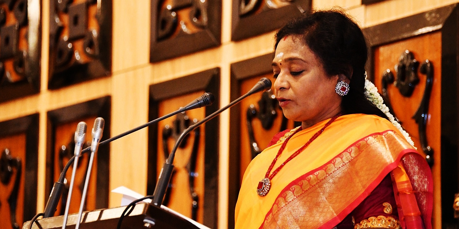 Telangana Governor delivers Assembly speech Telangana Governor Tamilisai Soundararajan delivers her speech at the beginning of the budget session of the state legislature on Friday, 3 February, 2023. (Supplied)