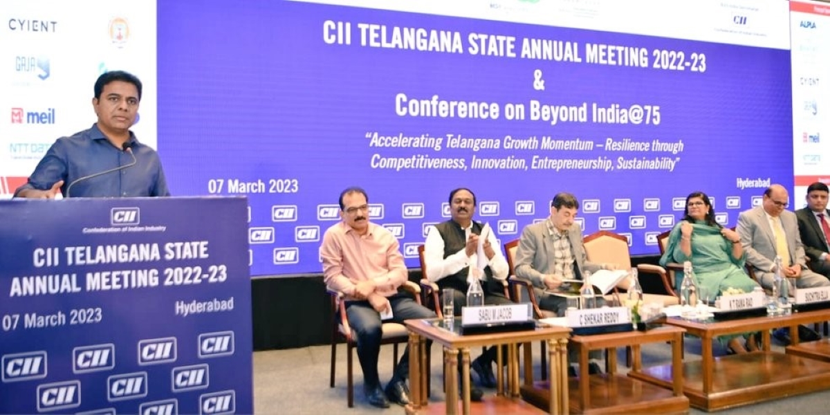 KTR speakin0g at the CII Telangana state conference. (KTRBRS/Twitter) CII Telangana conference KTR