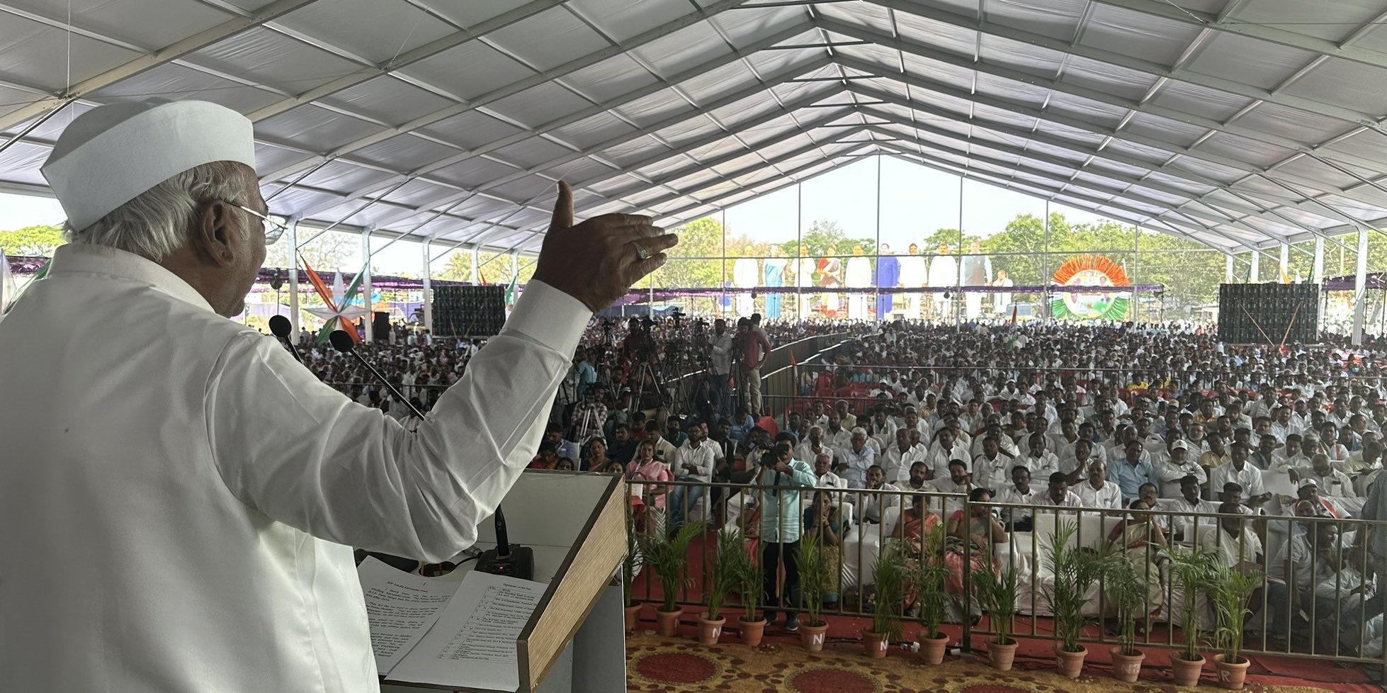 Mallikarjun Khage in Tumakuru Congress president Mallikarjun Kharge speaks at a party meet at Koratagere in the Tumakuru district of Karnataka on Sunday, 5 March, 2023. (Supplied)