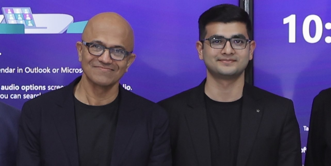 Pixxel CEO Awais Ahmed, with Microsoft CEO Satya Nadella. (Twitter) Pixxel NRO contract