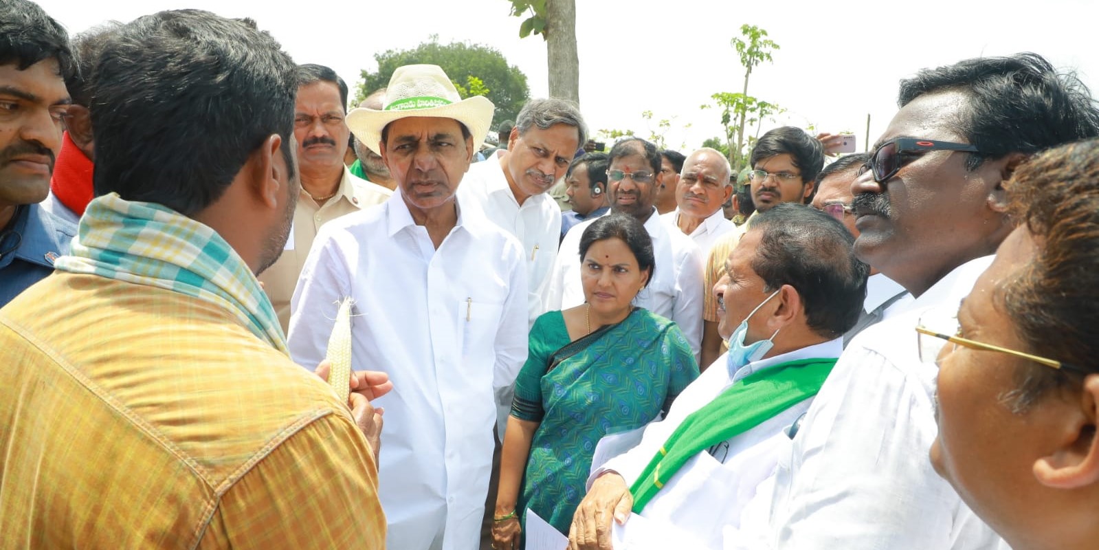 Telangana Chief Minister K Chandrashekar Rao interacting with farmers in Khammam. (Twitter) Telangana Chief Minister K Chandrashekar Rao interacting with farmers in Khammam. (Twitter)