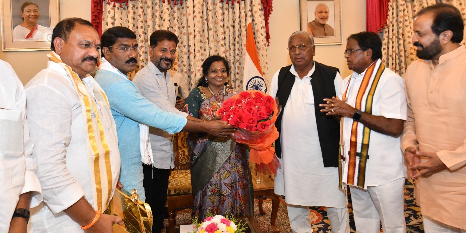 Telangana Congress leaders with Governor. (Twitter) Telangana Congress leaders with Governor. (Twitter)
