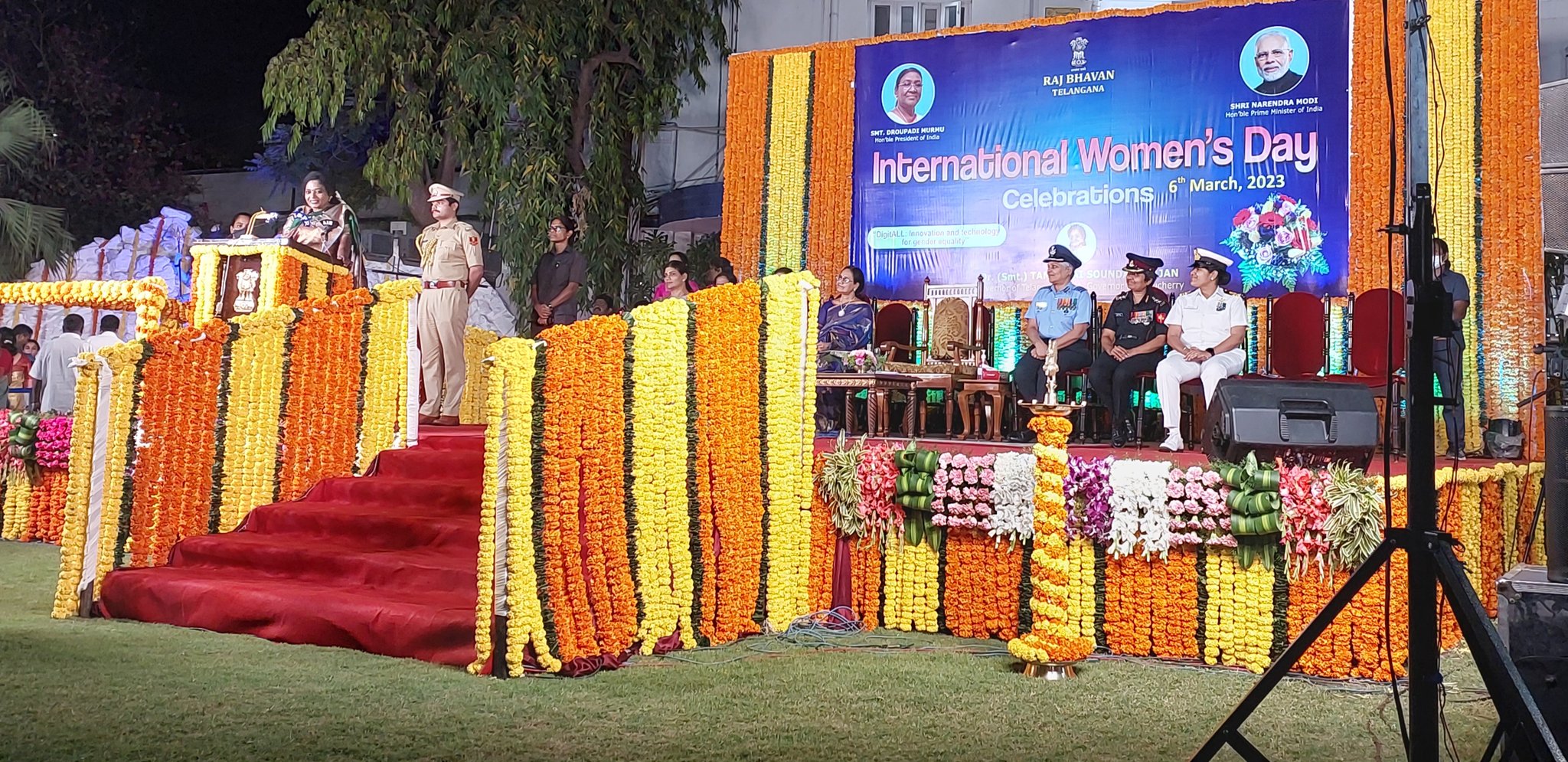 Telangana Governor addressing the International Women's Day event at Raj Bhavan.