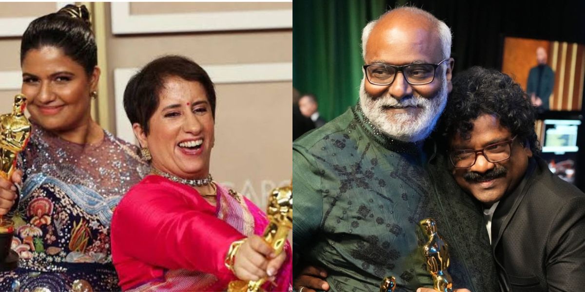 The Oscar winners Kartiki Gonsalves (left) and Guneet Monga (right), MM Keeravani and Chandrabose. (Twitter) The Oscar winners Kartiki Gonsalves (left) and Guneet Monga (right), MM Keeravani and Chandrabose. (Twitter)