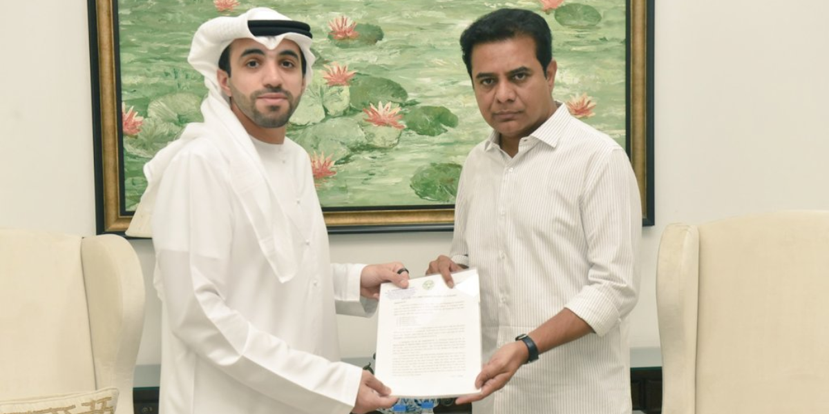 KTR UAE Ambassador KTR handed the request letter to the Ambassador of UAE to India Abdulnasser Alshaali at Pragathi Bhavan in Hyderabad. (Twitter)
