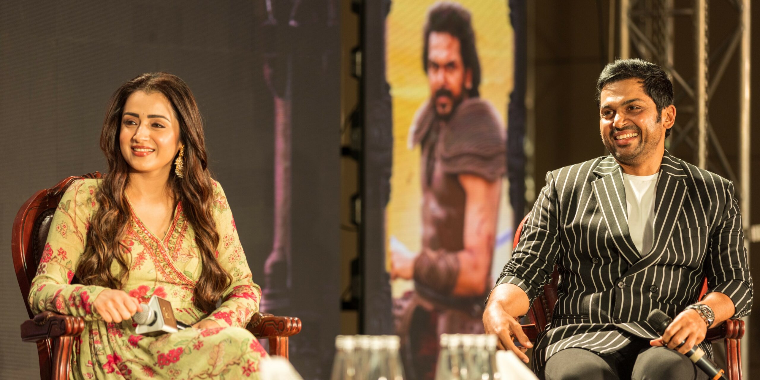 Karthi and Trisha during promotion of Ponniyin Selvan 2. (twitter) Karthi and Trisha during promotion of Ponniyin Selvan 2. (twitter)