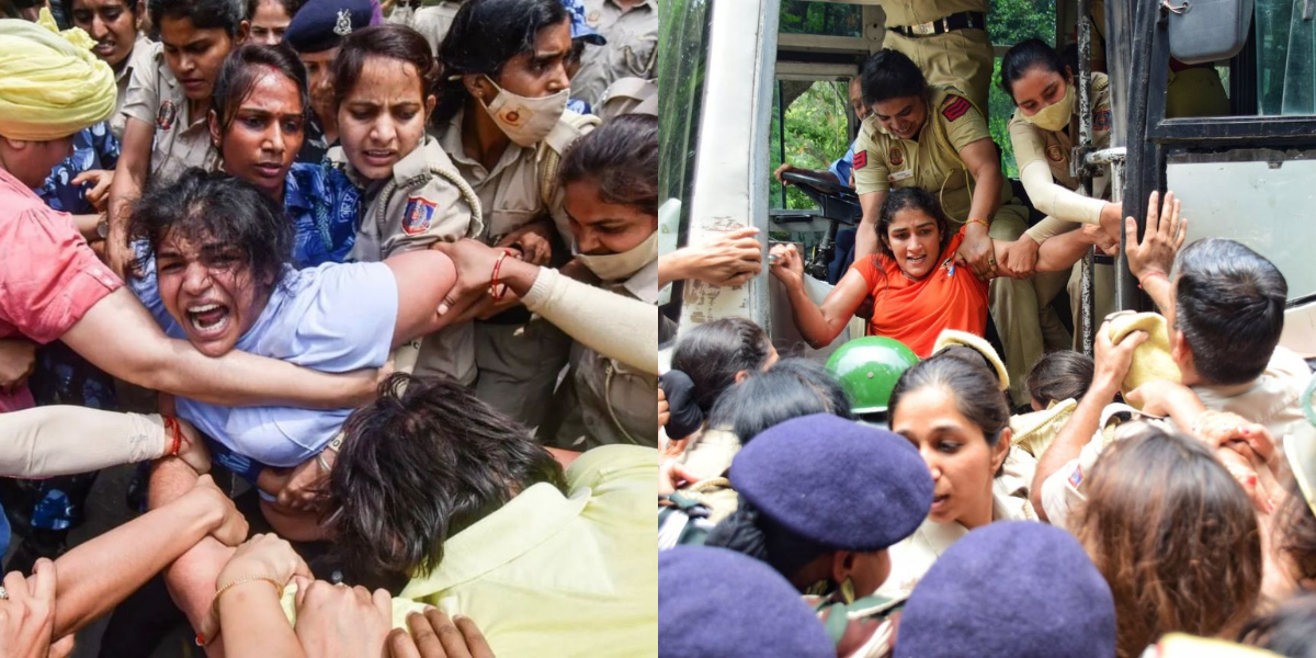 Wrestlers protest Wrestlers Sakshi Malik and Sangeeta Phogat being detained by the Delhi Police just a few kilometres away from the new Parliament building, where they were protesting, on 28 May. (Twitter)