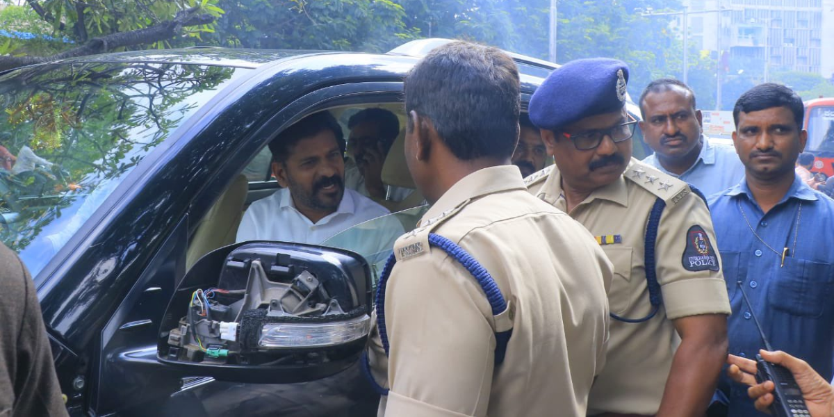 Revanth Reddy Revanth Reddy's vehicle being stopped at Telephone Bhavan, on the way to the new Secretariat, (Twitter)