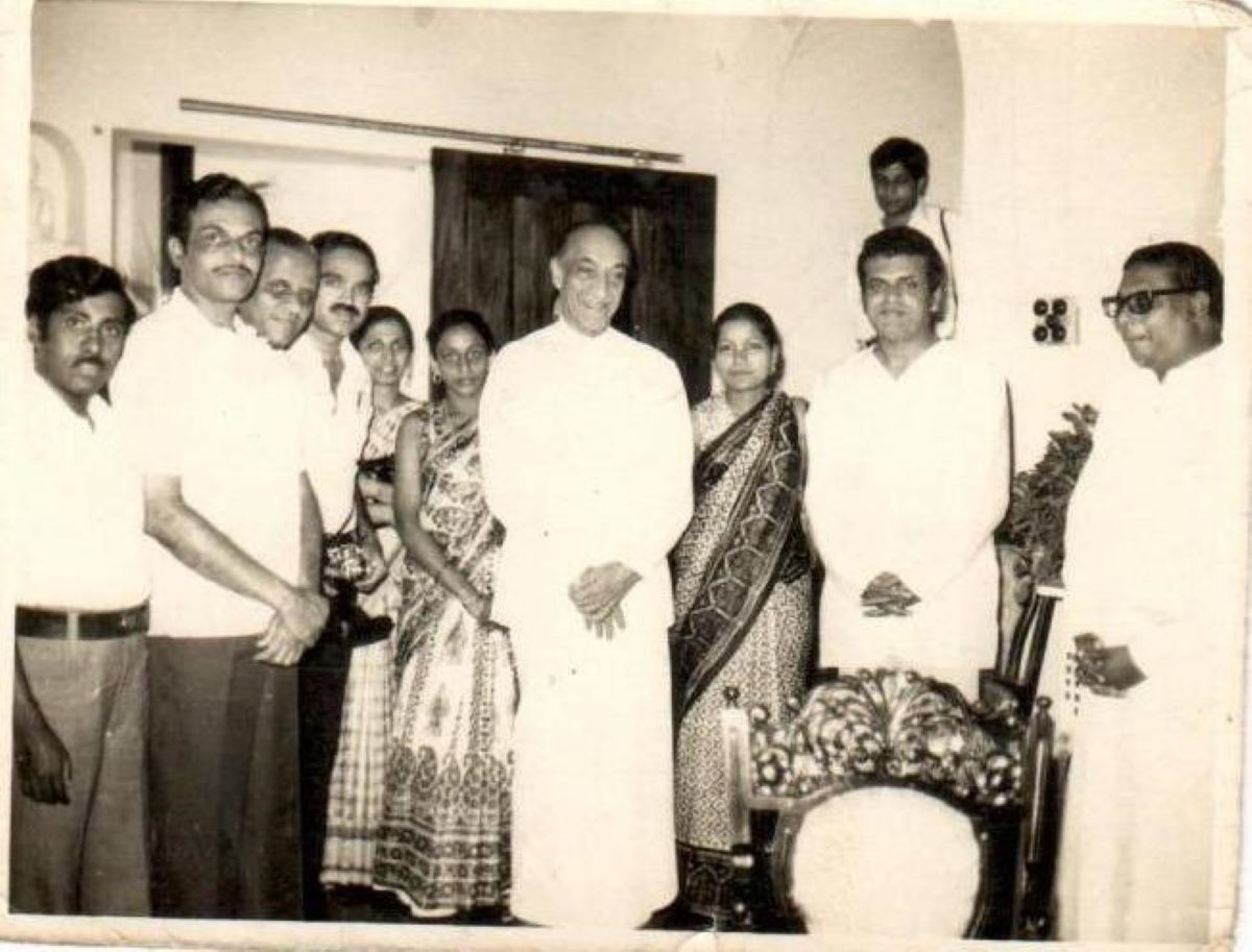 Dr Bhujang Shetty (fourth from left) with team Minto in Sri Lanka. In the centre is the then Sri Lankan president JR Jayewardene (Supplied)