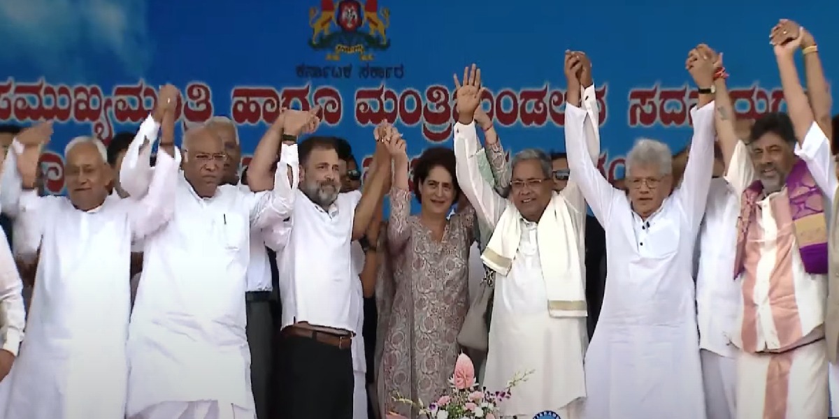 Karnataka Chief Minister Siddaramaiah and his deputy DK Shivakumar with national Opposition leaders in Bengaluru after his swearing-in. Siddaramaiah swearing in
