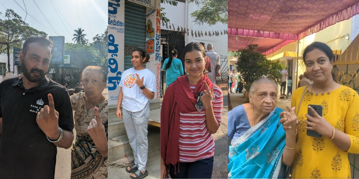 People posing for camera after casting their votes. (South First) Polling day updates: Karnataka Assembly elections 2023 sees 70.18% turnout at 6 pm