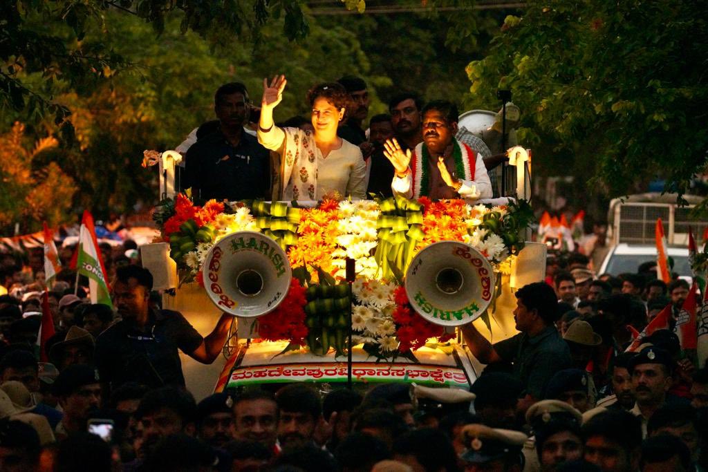 Priyanka Gandhi at a campaign roadshow in Karnataka. Priyanka Gandhi in Hyderabad