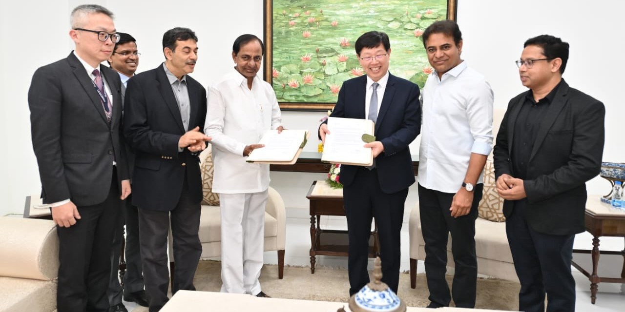 Telangana CM K Chandrashekar Rao and Industries Minister KT Rama Rao with Foxconn officials. (Twitter) Telangana CM K Chandrashekar Rao and Industries Minister KT Rama Rao with Foxconn officials. (Twitter)