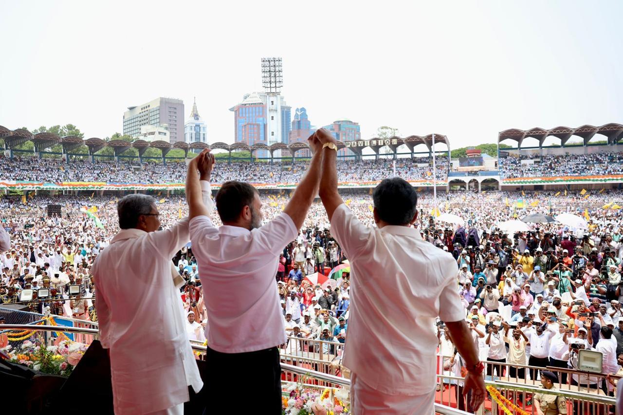 Chief Minister Siddaramaiah along with Deputy Chief Minister DK Shivakumar, and Congress leader Rahul Gandhi. (Supplied)