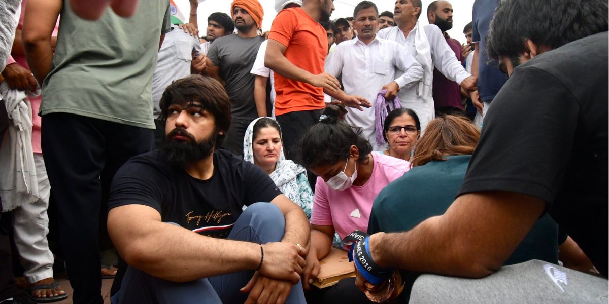 Wrestlers at Haridwar where they intended to immerse their World Championship and Olympic medals in the Ganga. (Twitter)