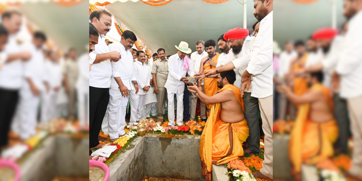 Centre for Excellence KCR laying the foundation stone for Bharat Bhavan (Centre for Excellence) at Kokapet. (Twiiter)