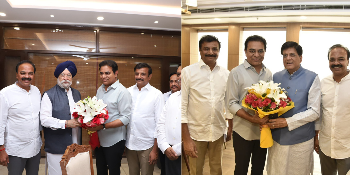 KTR with Union Ministers Hardeep Singh Puri and Piyush Goyal on separate occasions. (Twitter) KTR with Union Ministers Hardeep Singh Puri and Piyush Goyal on separate occasions. (Twitter)