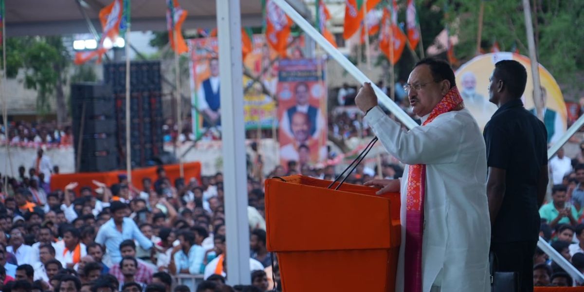 JP Nadda addressing BJP’s Nava Sankalp public meeting. (Twitter) JP Nadda in Telangana