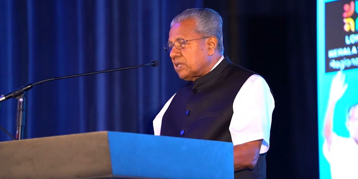 Pinarayi Vijayan speaking at the Loka Kerala Sabha conference in the US. Pinarayi Vijayan